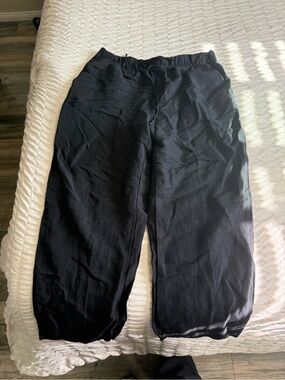 Women Black Elastic-Waist Casual Pants linen